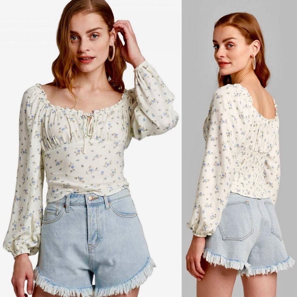 NWT Wild Fable Ivory & Blue Floral Peasant Smocked Tie Front Crop Top Target LG